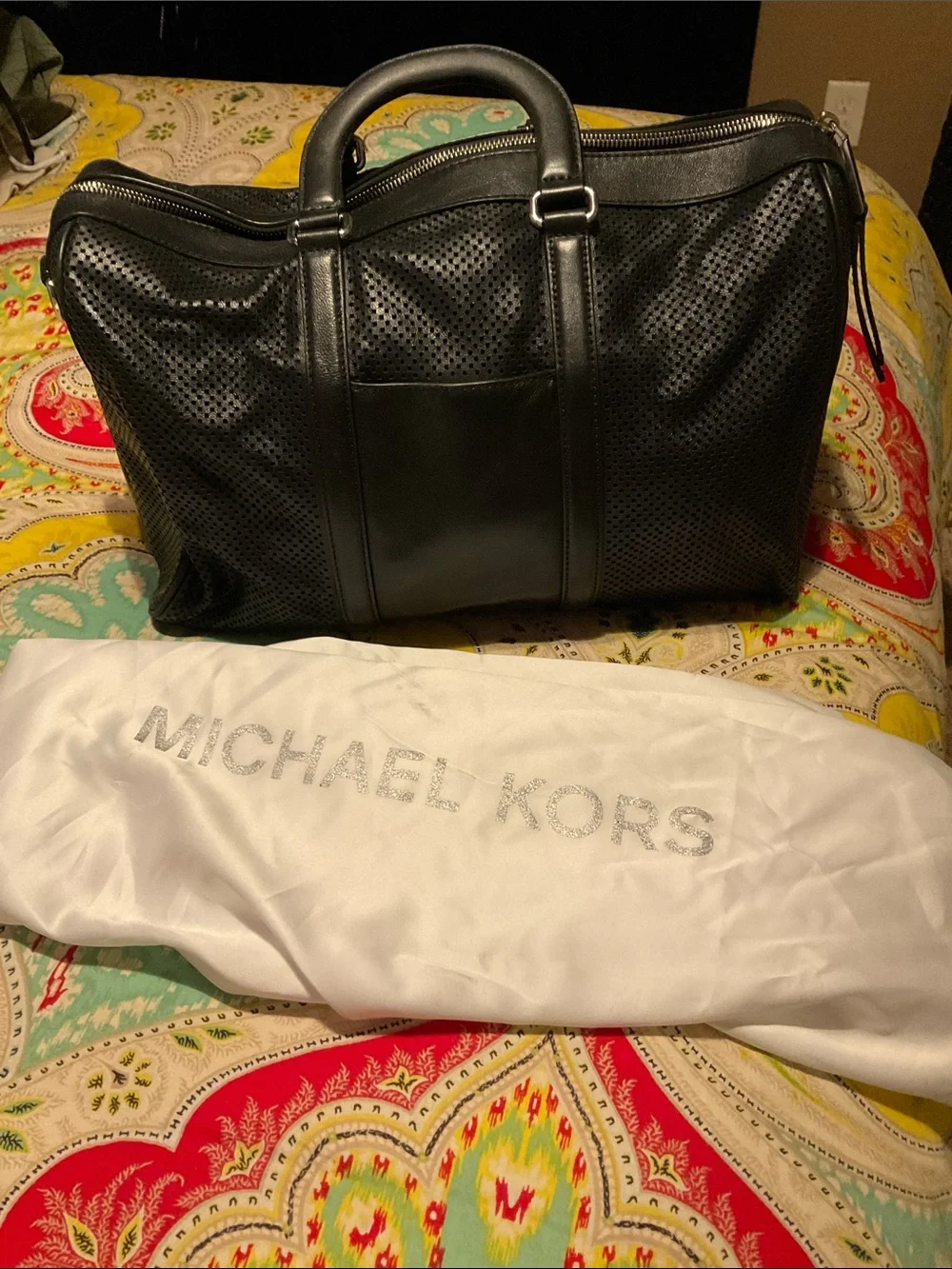 Michael Kors Black Perforated Leather Duffel